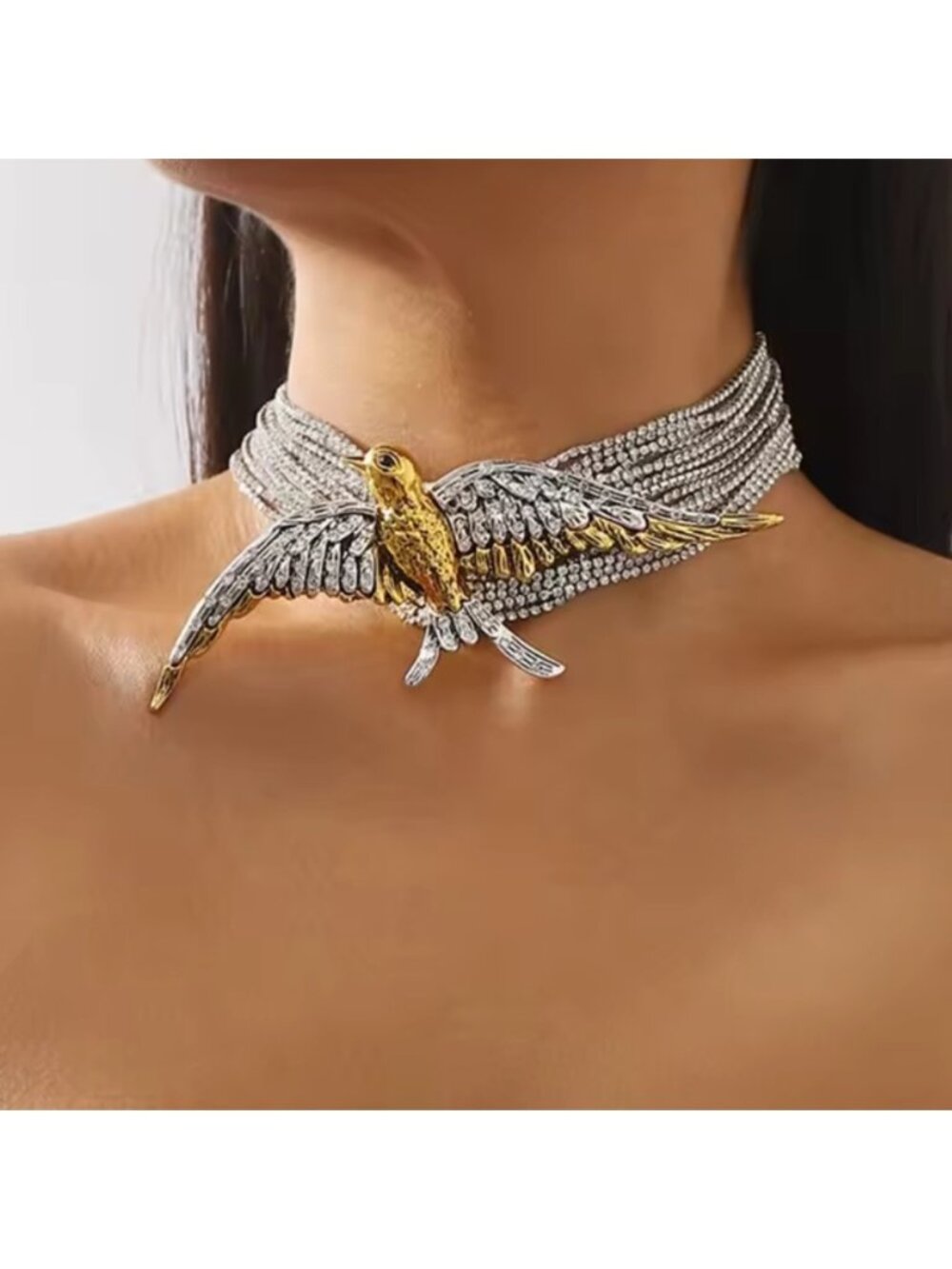 Gold & Silver Bird Choker Necklace Rhinestone Statement Collar, Luxury Fashion